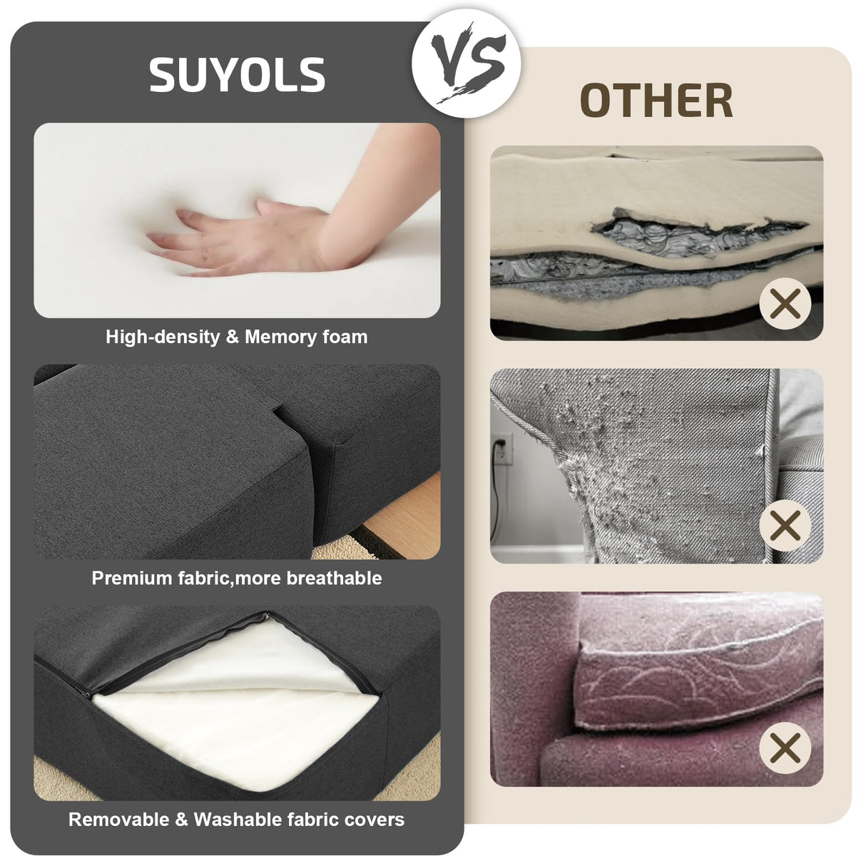 SUYOLS 2-in-1 Convertible Couch Bed with 2 Pillows - Folding Floor Couch & Sleeping Mattress - Washable Cover & Memory Foam Sleeper for Living Room/Guest Room/Home Office/Van Trip, Twin XL, Dark Grey SUYOLS