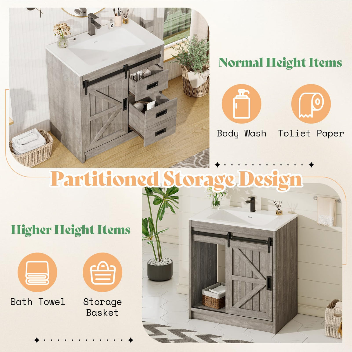 AMERLIFE Farmhouse Bathroom Vanity with Sink Combo, 31in Sliding Barn Door Bathroom Vanity Cabinet Set with Storage Drawers, Metal Handles, Small Single Bath Storage Vanity Sink, Light Grey AMERLIFE