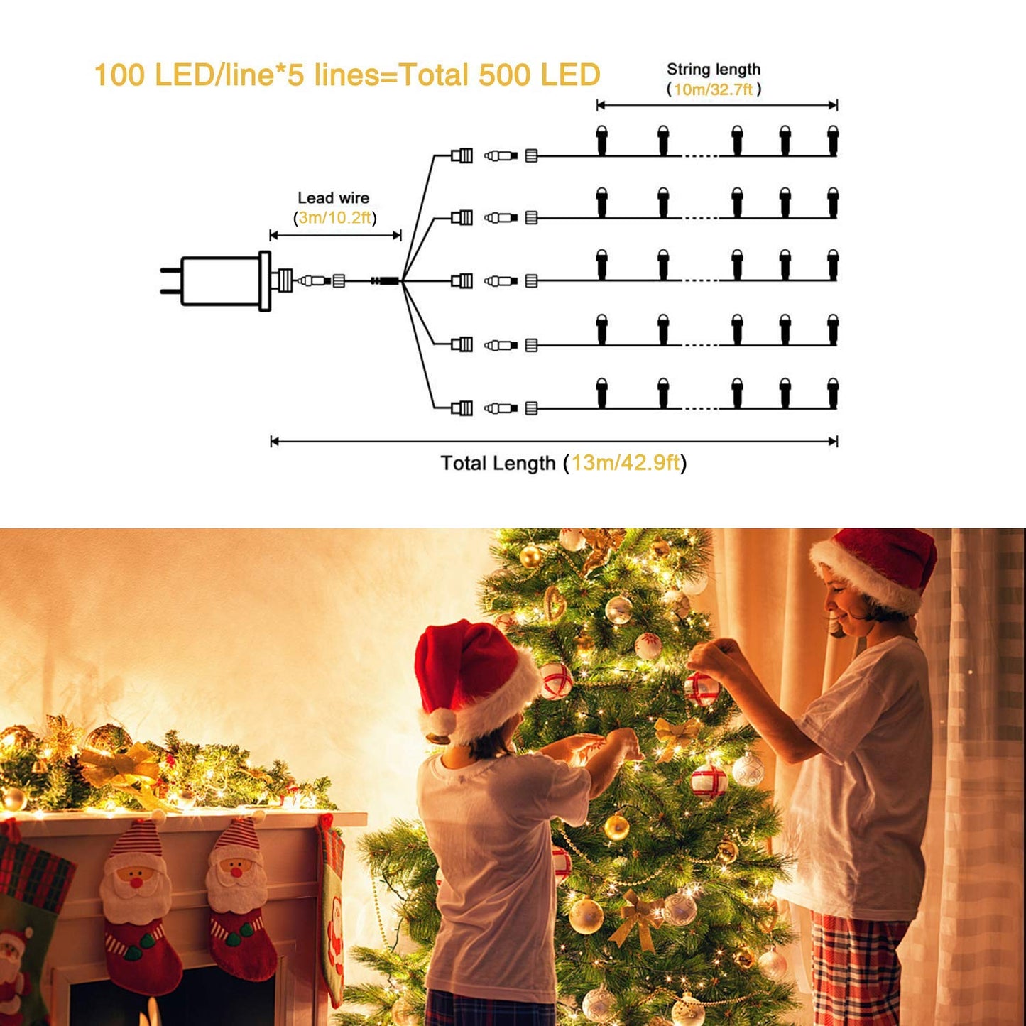 JMEXSUSS 500 LED Warm White Christmas Lights Indoor, 8 Modes Green Wire Christmas Tree Lights Outdoor Waterproof, Twinkle Fairy String Lights Plug in for Xmas Wedding Party Garden Patio