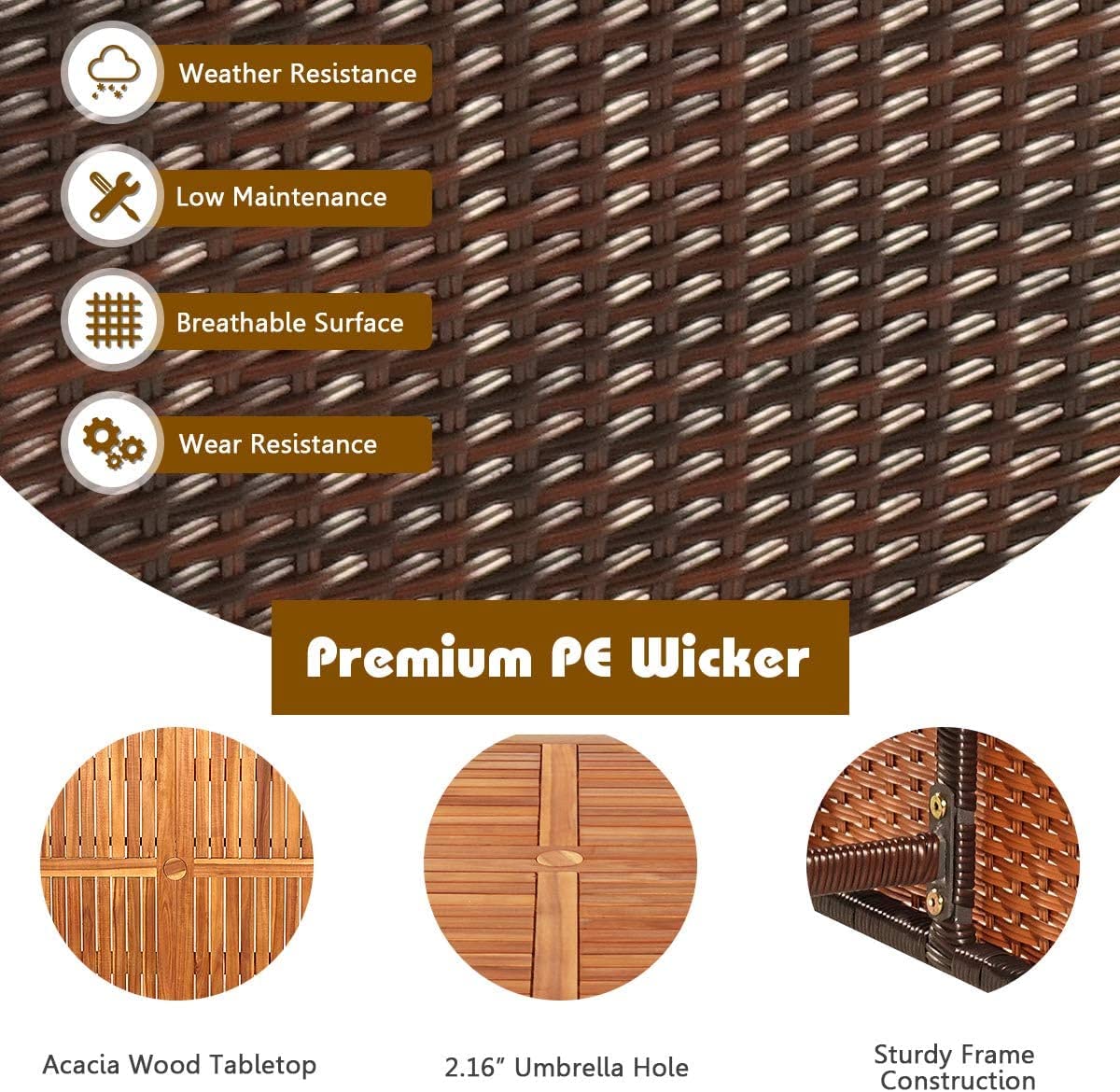 HAPPYGRILL 9-Pieces Patio Dining Set Outdoor Dining Furniture Set with Cushioned Seating, Space-Saving Dining Table with Acacia Wood Tabletop Rattan Wicker Chair and Ottoman Sets for Backyard Garden HAPPYGRILL