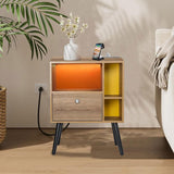 VIWODS Nightstand with Charging Station and LED Lights, Bedside Table with Solid Wood Legs for Bedroom, Oak and Yellow VIWODS