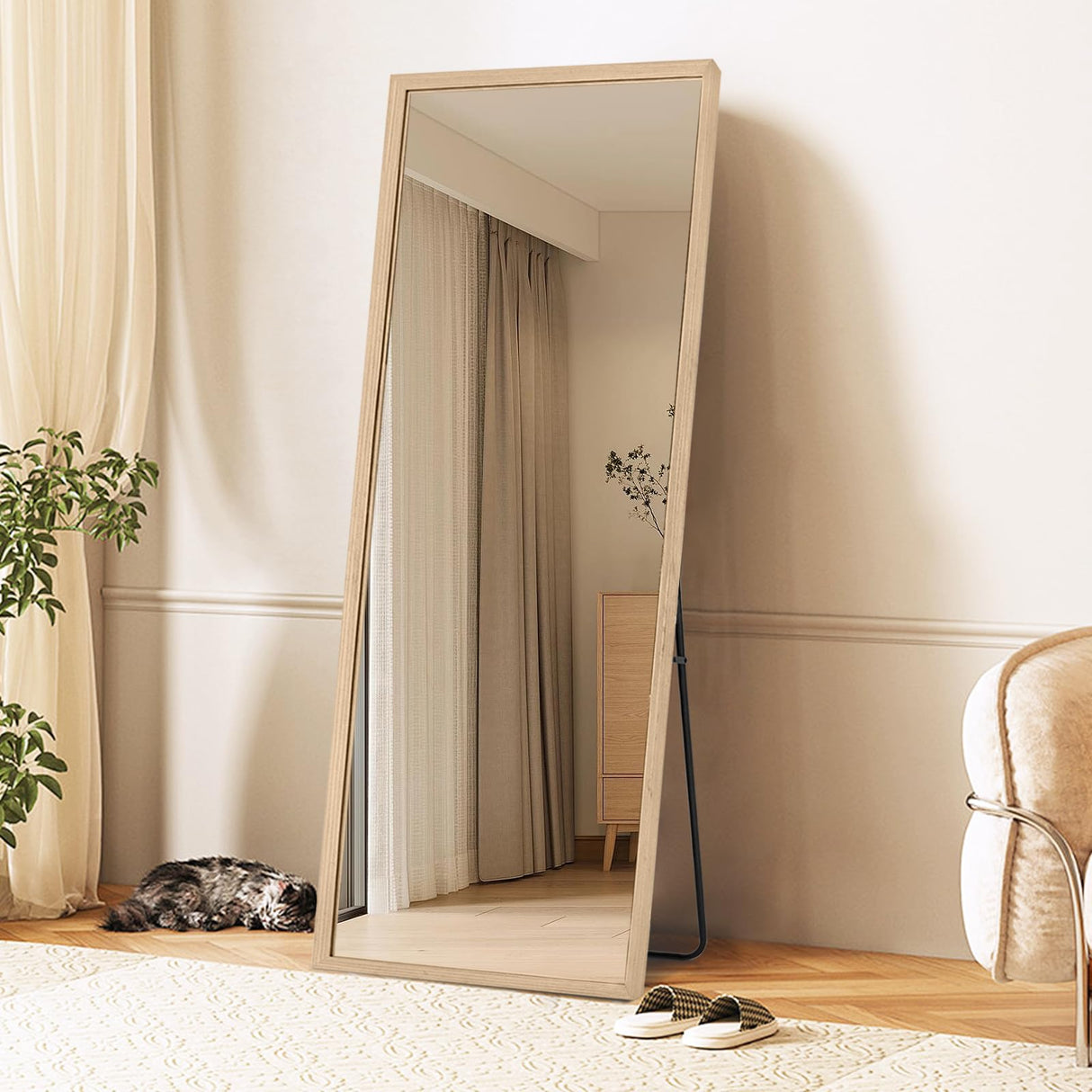 TheiaMo 65"×22" Wooden Full Length Mirror, Floor Mirror with Standing Holder Leaning/Hanging Mirror Wood Frame Large Wall-Mounted Mirror for Bedroom/Living Room, Solid Wood TheiaMo