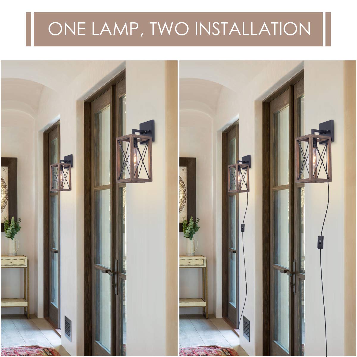 VILUXY Wood Wall Sconces Retro Industrial Rectangle Bedside Wall Sconce Plug-in Cord with Switch Lighting Fixture Black Wall Lamp for Bedroom, Hallway, Entryway, Passway, Dining Room 2 Pack VILUXY