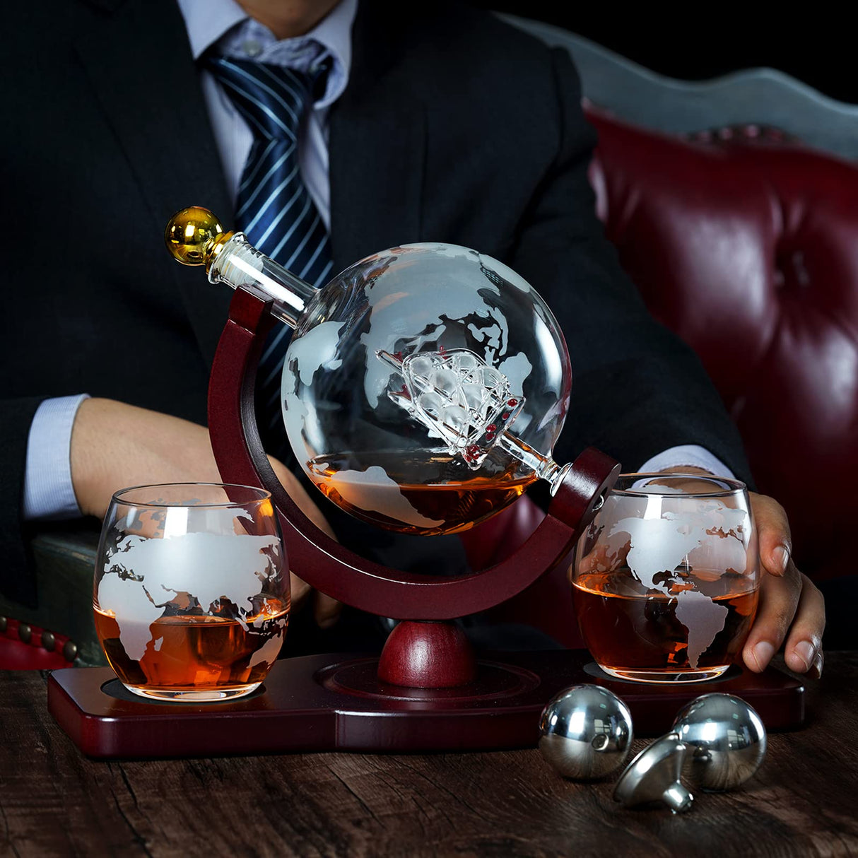 Gifts for Men Dad Christmas, PONPUR Whiskey Decanter Globe Set with 2 Ball Stones & 2 Glasses, Anniversary Birthday Gifts for Him Husband Boyfriend Brother, Cool Stuff Gift for Bourbon Scotch PONPUR