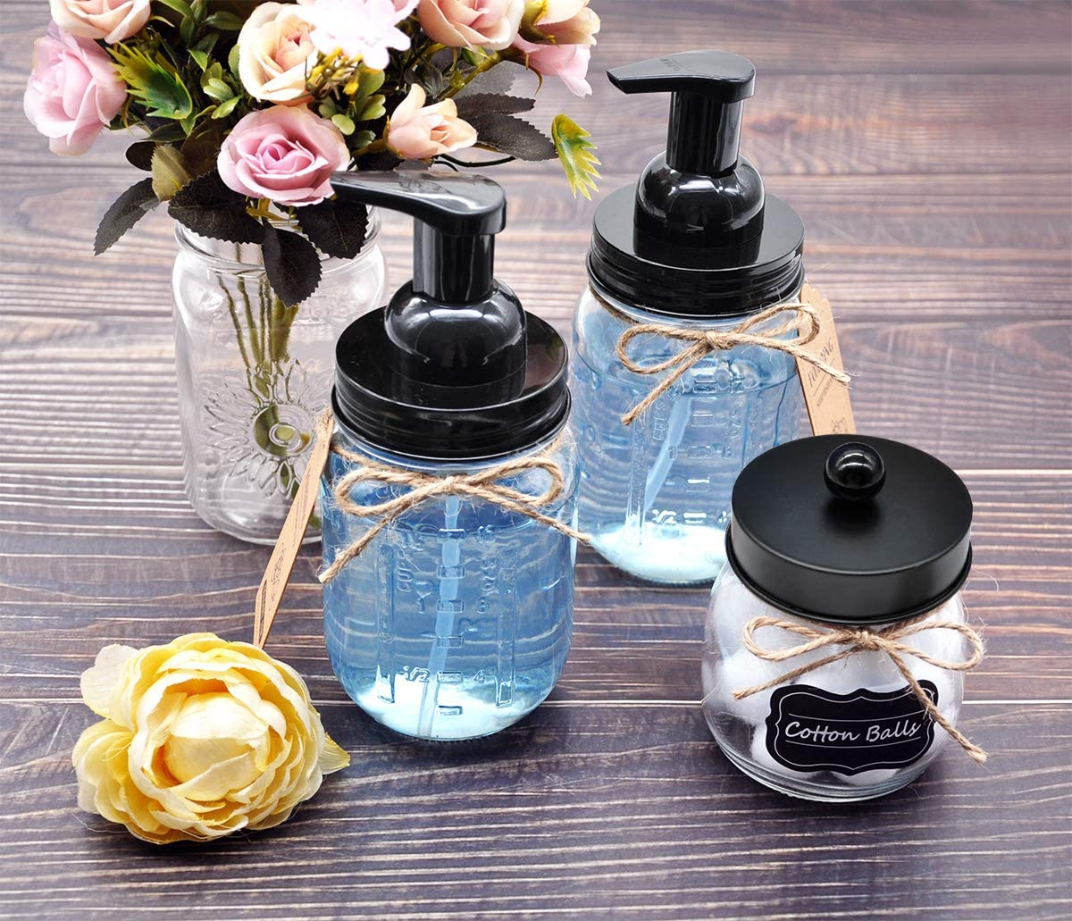 Amolliar Mason Jar Foaming Soap Dispenser, Plastic Pump Rustproof Stainless Steel Lid, Waterproof Label, Rustic Farmhouse Decor Hand Soap Dispenser, Dish Soap for Bathroom, Kitchen, Bath, Black 2 Pack Amolliar