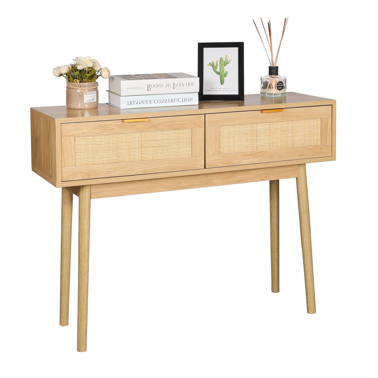 DOALBUN OKL 39" Console Table, Oak Entryway Table with 2 Rattan Drawers, Sofa Table with Wood Frame and Bamboo Storage Shelf, Rustic Hallway Table for Living Room Foyer Entryway (Natural) DOALBUN