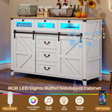 Tiptiper Buffet Sideboard Cabinet with Storage & LED Lights, 6 Drawers & 2 Sliding Barn Door, Farmhouse Buffet Table Coffee Bar Storage Cabinet for Dining Room, Living Room (White) Tiptiper