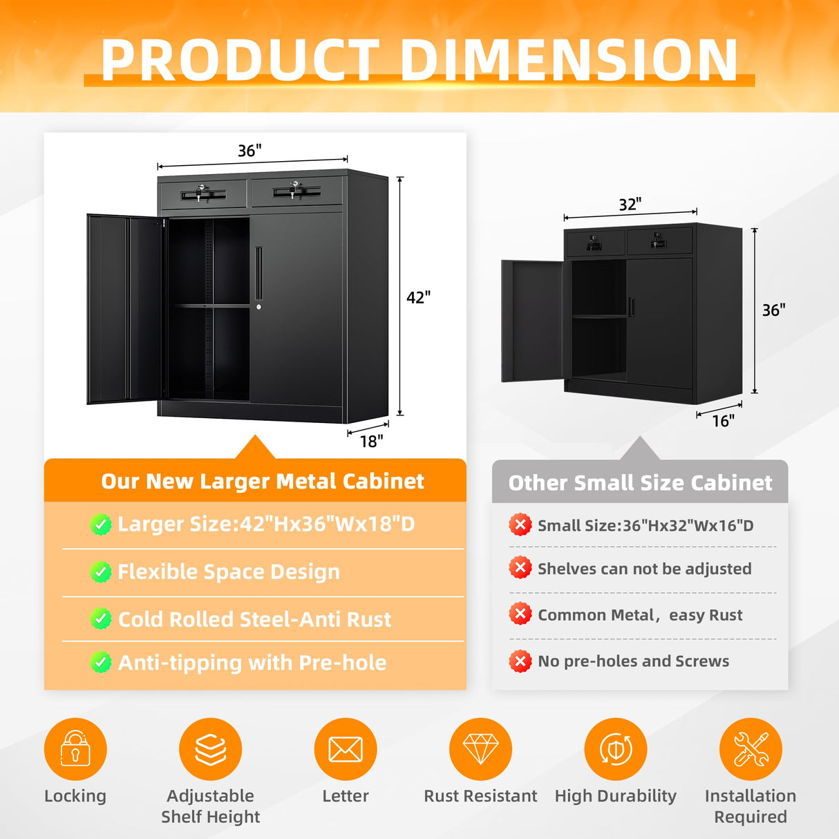 INTERGREAT Metal Storage Cabinet with 2 Drawers, 42” Black Steel Garage Storage Cabinet with 2 Doors and Adjustable Shelves, Office Storage Cabinet with Lock for School, Home INTERGREAT