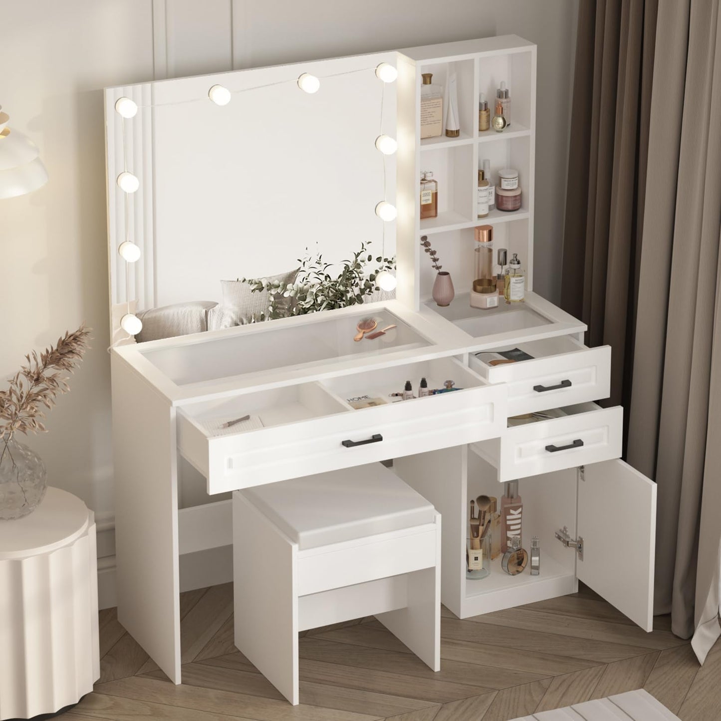 Vabches Vanity Desk Set with Lights and Mirror,White Makeup Desk with 3 Drawers & Storage Cabinet & Shelves,Glass Top Vanity Table Set with 10 Bulbs,3 Lighting Modes Adjustable Brightness