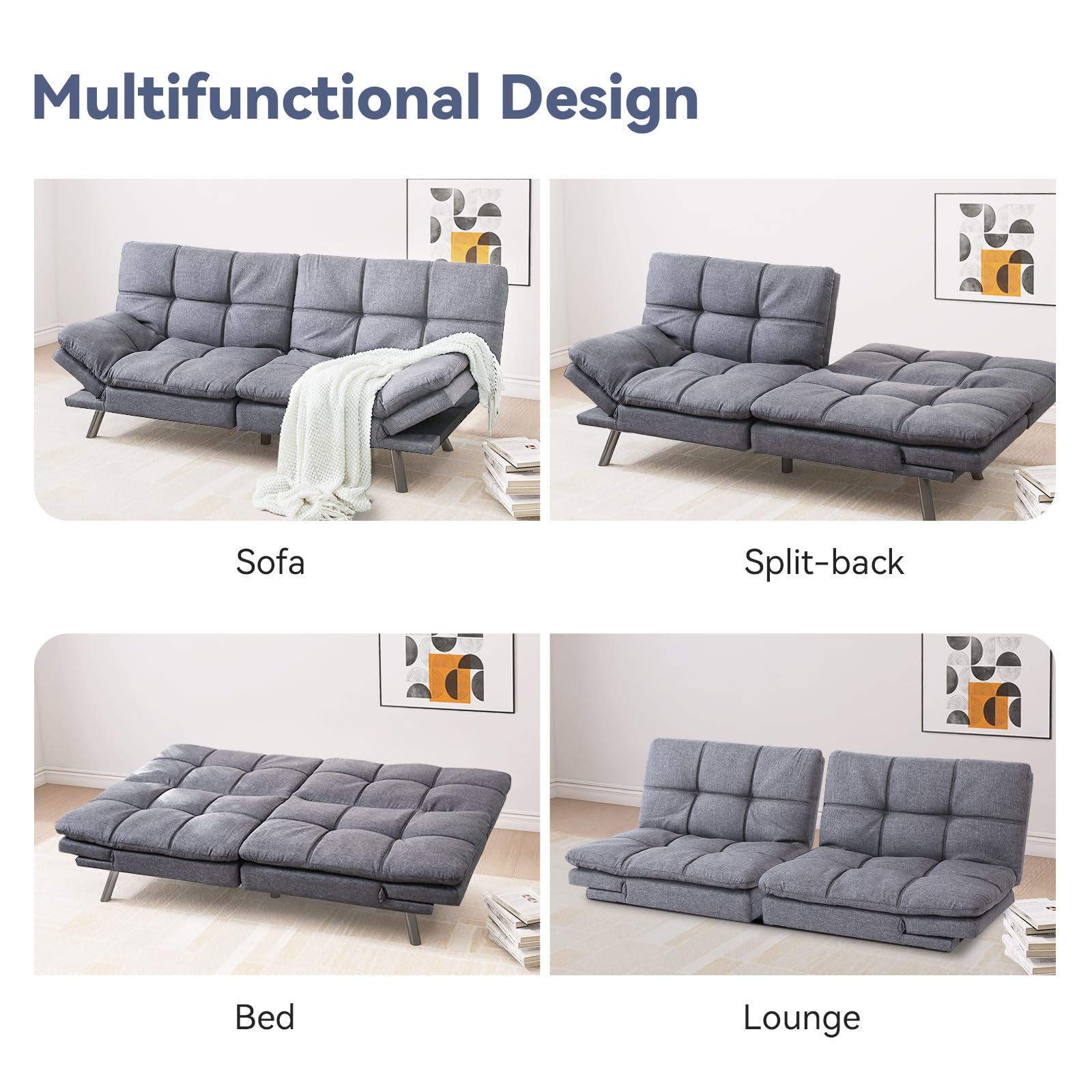 Hcore Convertible Splitback Futon Sofa Bed for Living Room, Office, Apartment - Memory Foam Sleeper Loveseat, Modern Small Couch in Grey - WoodArtSupply