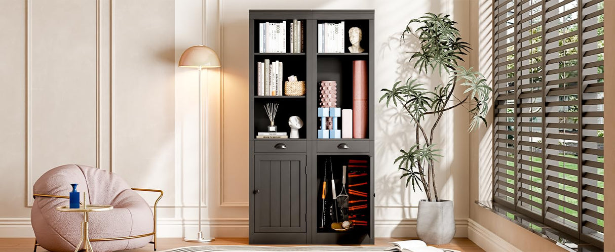 GarveeHome71 inch Tall Narrow Bookcase with Drawer & Door, 3-Tier Bookshelf with Adjustable Shelves, Storage Cabinet for Living Room, Office -Black GarveeHome