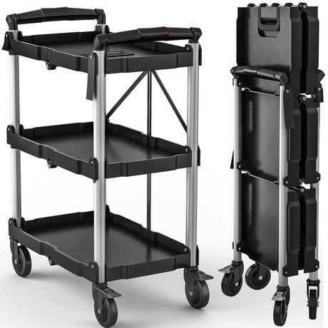 DWVO 350 LBS Foldable Utility Cart, Folding Utility Cart on Wheels, Folding Service Cart Collapsible Utility Cart with Wheels, Collapsible Rolling Cart with Locking for Garage Home Restaurant DWVO
