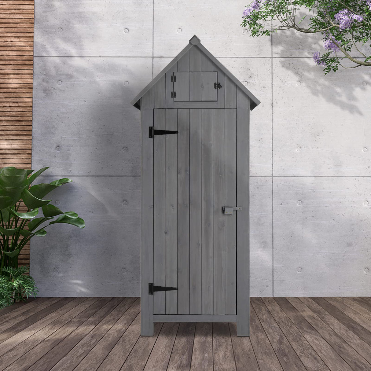 Outvita Outdoor Storage Shed, 70 Inch Wooden Garden Storage Cabinet, Waterproof Tool Storage Cabinet with Lockable Door, Wooden Garden Shed Outdoor Shed for Garden Backyard Lawn(Grey) Outvita
