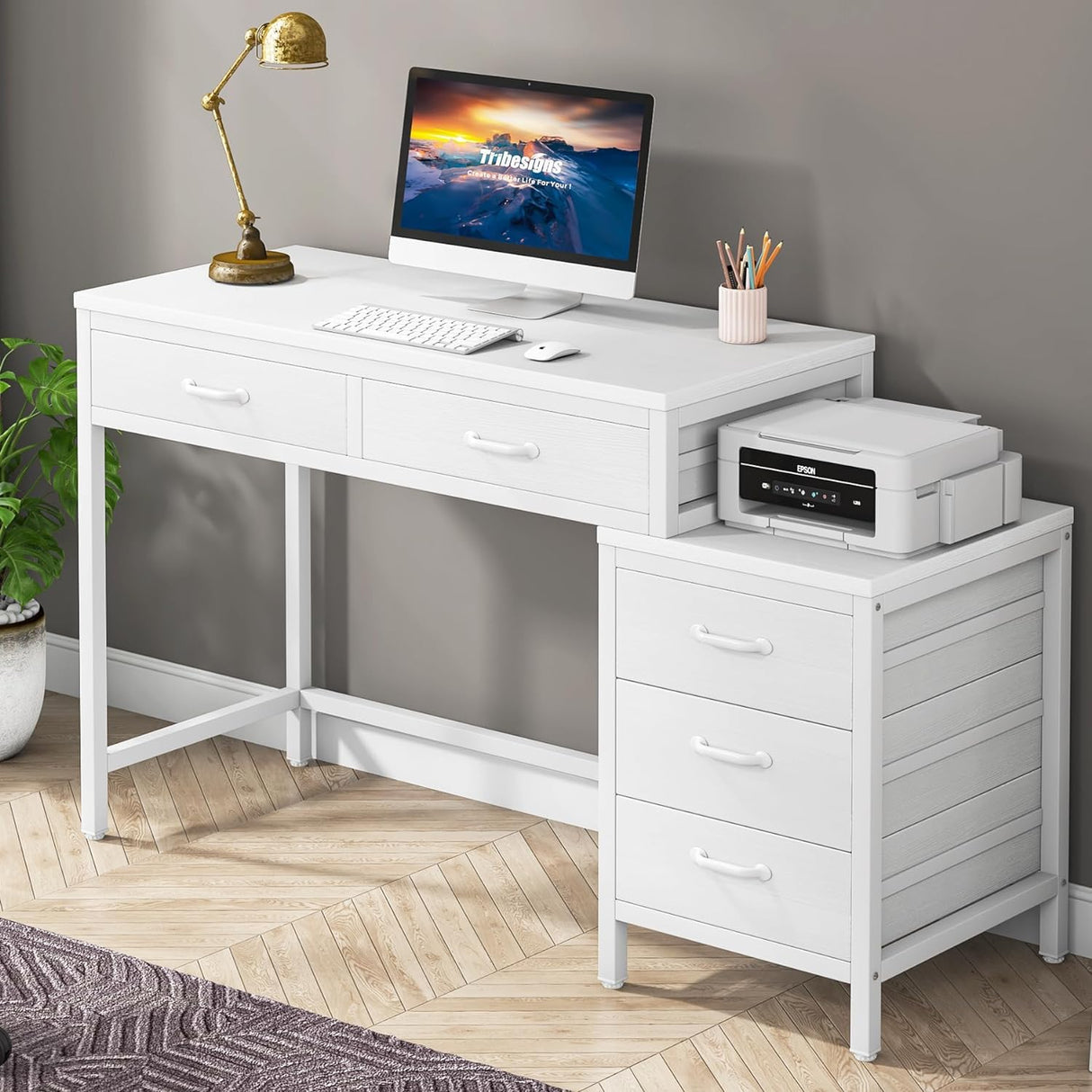 Tribesigns Computer Desk with 5 Drawers, Home Office Desks with Reversible Drawer Cabinet Printer Stand, Industrial PC Desk with Storage, White Study Writing Table Workstation for Small Spaces Tribesigns
