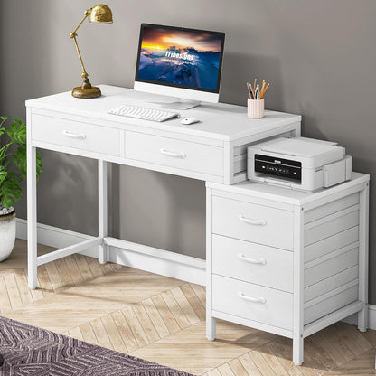 Tribesigns Computer Desk with 5 Drawers, Home Office Desks with Reversible Drawer Cabinet Printer Stand, Industrial PC Desk with Storage, White Study Writing Table Workstation for Small Space - WoodArtSupply