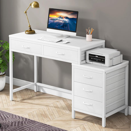 Tribesigns Computer Desk with 5 Drawers, Home Office Desks with Reversible Drawer Cabinet Printer Stand, Industrial PC Desk with Storage, White Study Writing Table Workstation for Small Spaces Tribesigns