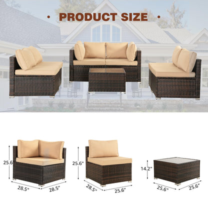 FHFO 7 Pieces Outdoor Patio Furniture Set Modular Patio Set Wicker Outdoor Sectional Sofa Set PE Rattan Patio Conversation Sets with Cushions & Coffee Table for Outside, Garden, Poolside, Porch, Khaki