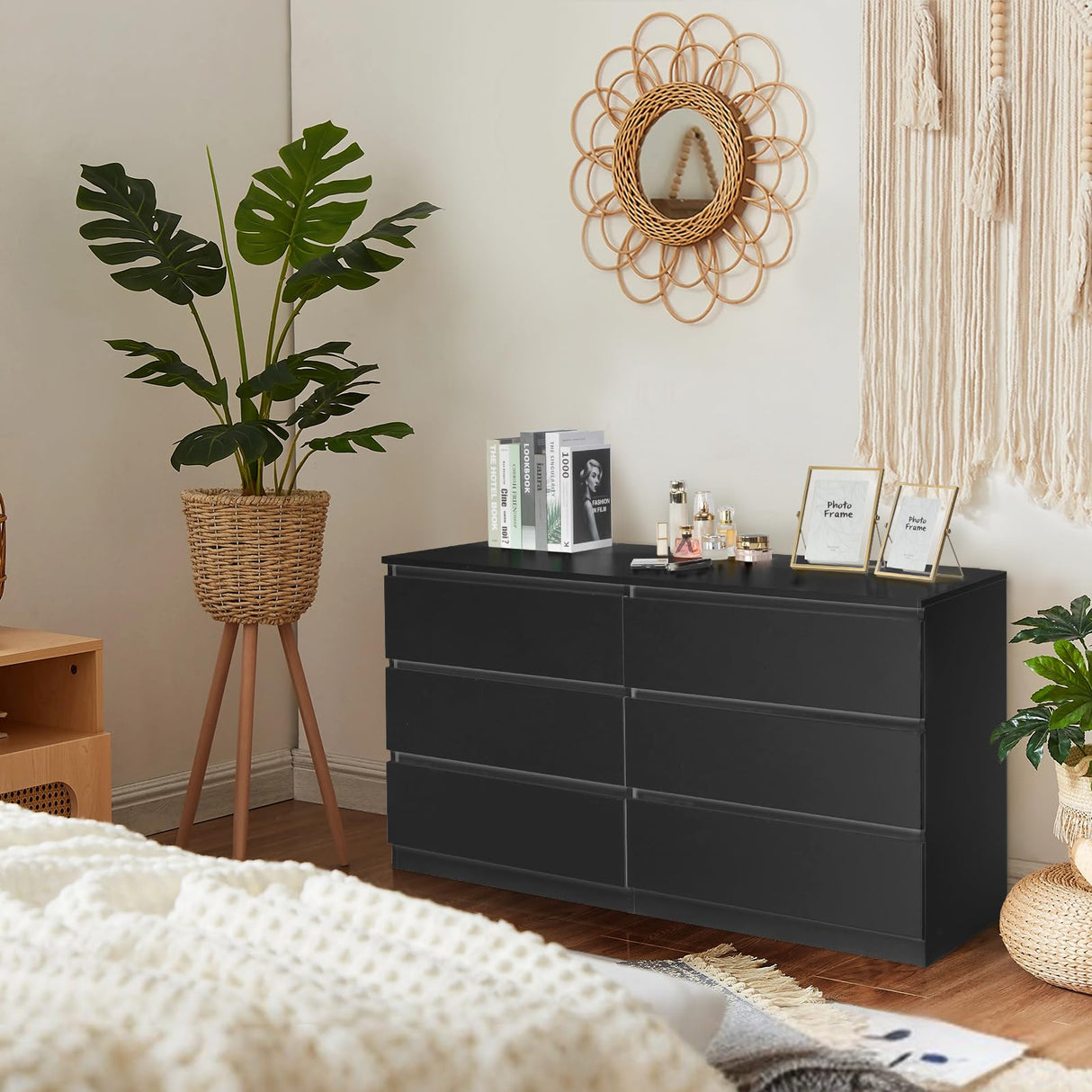 Karl home 6 Drawer Black Dresser for Bedroom, Wood Dresser with Deep Drawers, Long Dresser with Cut-Out Handles, 55" Wooden Dresser with Large Storage, Double Dresser Chest of Drawers Karl home