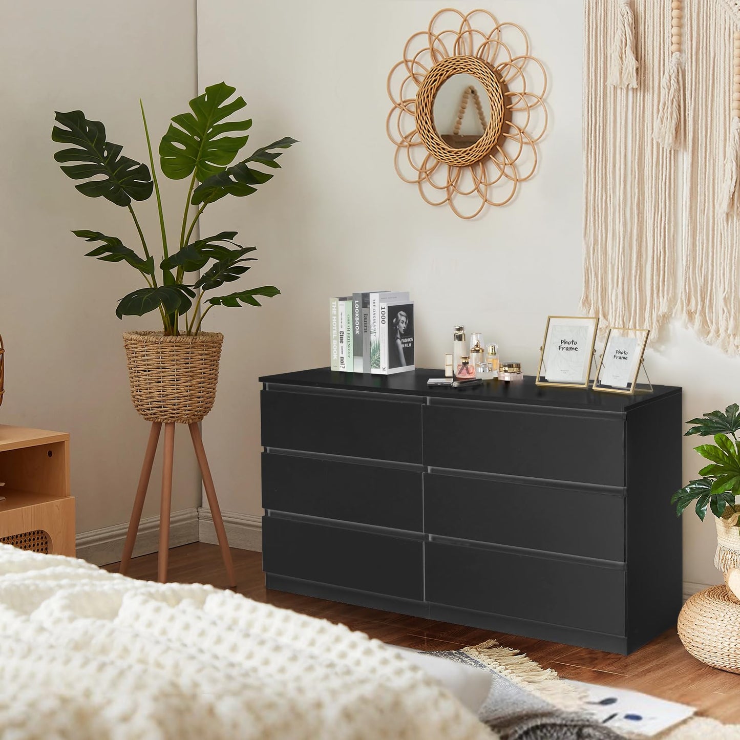 Karl home 6 Drawer Black Dresser for Bedroom, Wood Dresser with Deep Drawers, Long Dresser with Cut-Out Handles, 55" Wooden Dresser with Large Storage, Double Dresser Chest of Drawers - WoodArtSupply