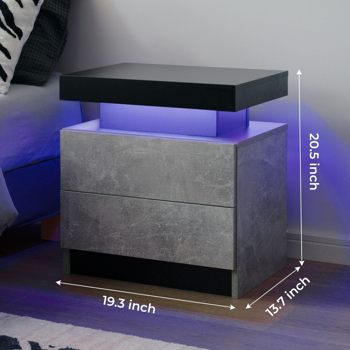 i-aplus Nightstand Set of 2 LED Nightstand with 2 Drawers, Bedside Table with Drawers for Bedroom Furniture, Side Bed Table with LED Light, Grey Black i-aplus