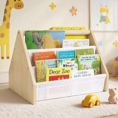 Epelay 19" Toddler Bookshelf, 6-Tier Double-Sided Kids Bookshelf, Montessori Bookcase for Toddlers with Deep Fabric Pockets, Natural Wooden Toy Storage Organizer for Nursery or Playroom