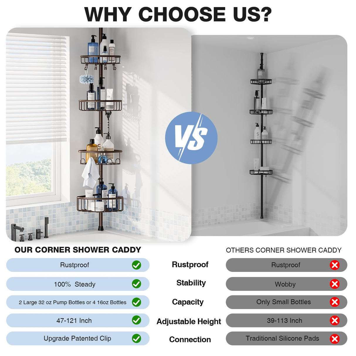 Corner Shower Caddy Tension Pole: Stainless Steel Rustproof 4-Tier Shower Organizer - 47-121 inch Adjustable Bathroom Shelves for Bathtub Shampoo Storage - Tension Rod Floor Standing Bath Rack -Bronze ESSEME