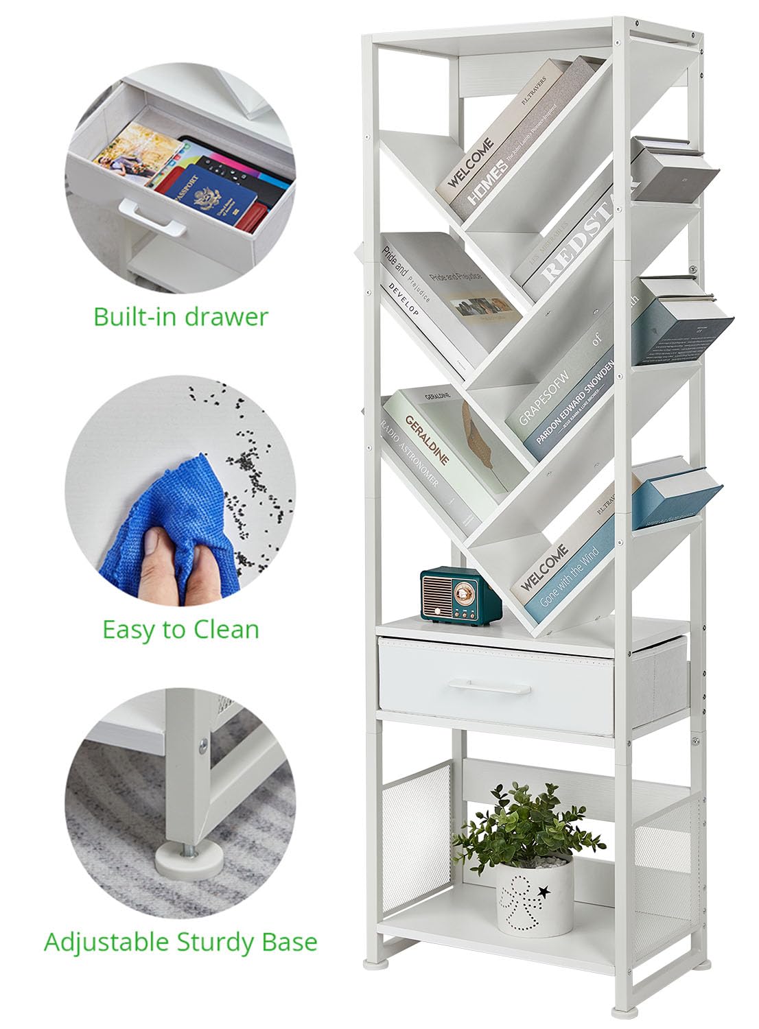 ZEXVIDA Bookshelf with Drawer,10 Tier Tree Bookcase Retro Floor Standing Bookshelves,Tall Wood Bookcases with Cabinet Storage Organizer for Living Room, Bedroom & Home Office, White ZEXVIDA