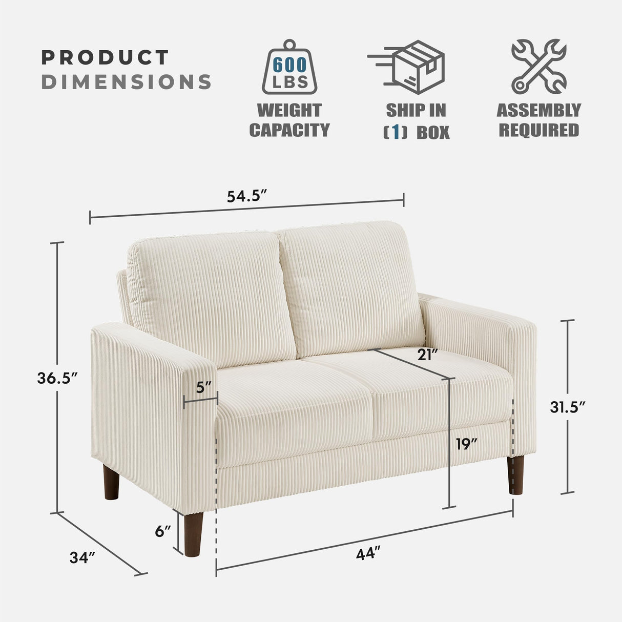 Lexicon Modern Loveseat, Corduroy Fabric Upholstered Loveseat Sofa, Small Couch with Brown Legs, Track Arms, Comfy Couch for Living Room/Bedroom/Apartment, 2-Seater, Beige Lexicon