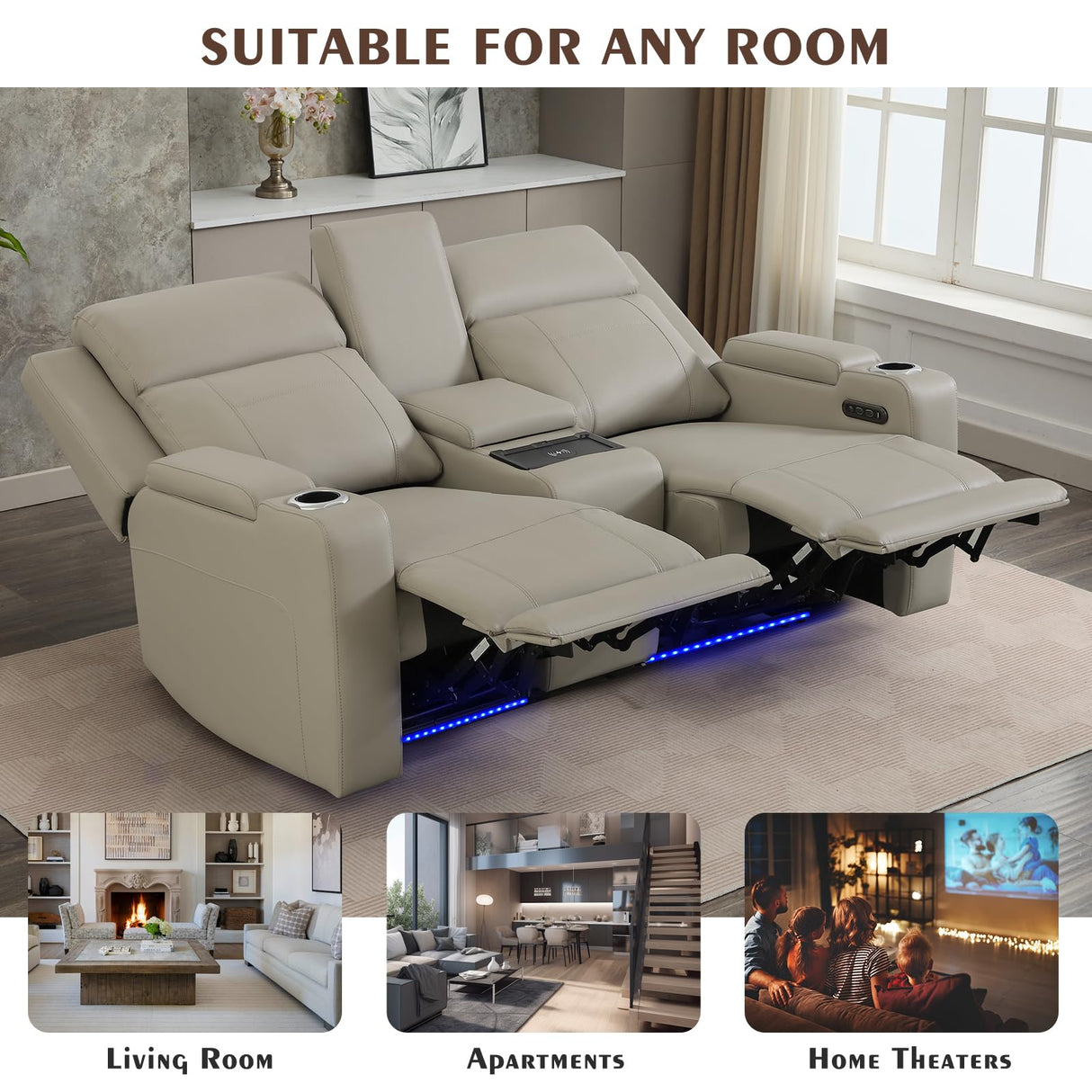 Neptane Dual Motor Power Reclining Loveseat with Wireless Charge, Power Loveseat Recliner Sofa with Adjustable Headrest/LED Light/Armrest Storage, Wall Hugger Couches for Living Room (Grey, 2 Seater) Neptane