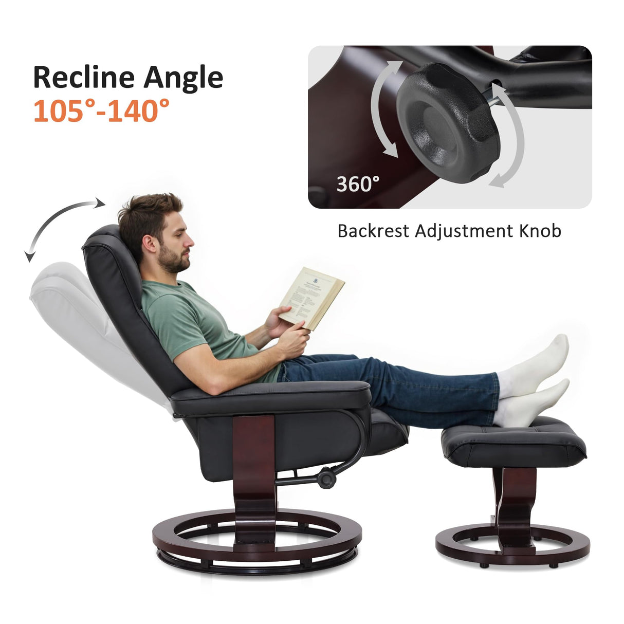 MCombo Manual Swivel Recliner with Ottoman, Chair Ottoman Set for RV Small Spaces, Living Room, Bedroom, Office 9019 4919 (Faux Leather, Black) MCombo