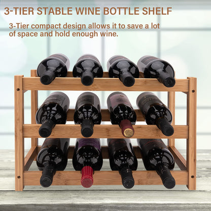 12 Bottle Bamboo Wine Rack Countertop,3-Tier Wine Rack Shelf Insert for Cabinet,Wine Bottle Storage Shelf, Freestanding Wine Rack Bottles Stand Holder Organizer