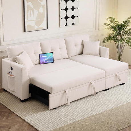 Yafylly L-Shaped Sofa with Storage and Pull-Out Bed, Convertible Futon Chaise Lounge with Ports, Recliner for Living Room, Bedroom, Apartment, Office, Beige Yafylly