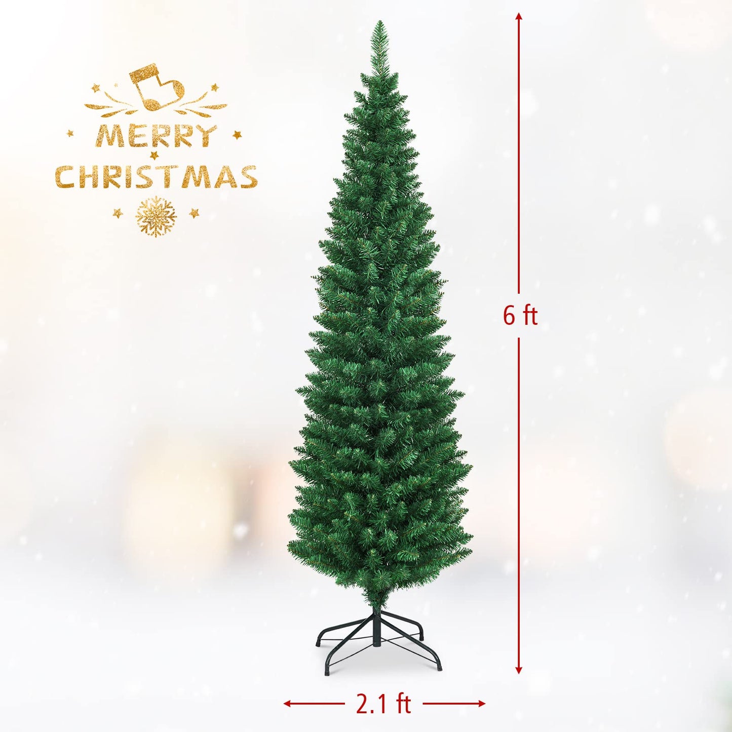 Artificial Pencil Christmas Tree, Premium Hinged Pine Tree with Solid Metal Legs, Perfect for Home, Shops and Holiday Decoration, Green (6FT)