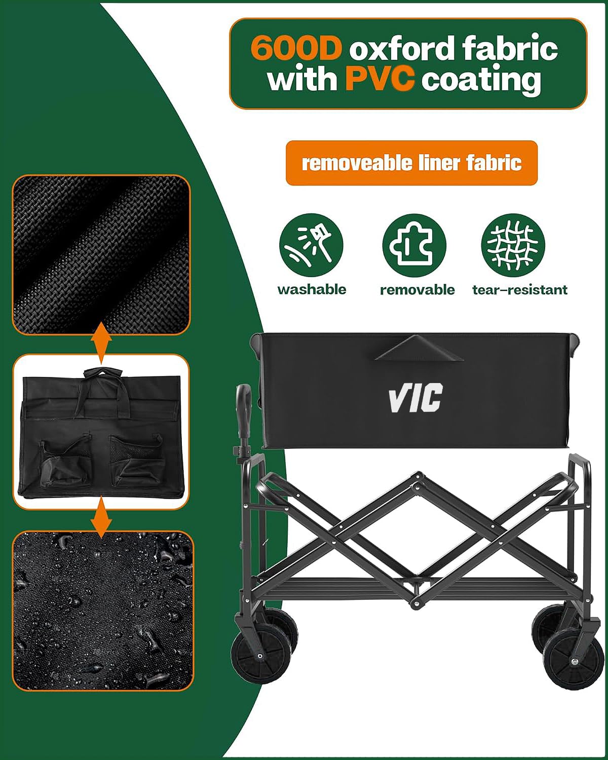 VIC Collapsible Folding Wagon, Beach Wagon Cart Heavy Duty 400LBs Foldable, Utility Grocery Wagon with Side Pocket for Camping Garden Sports, L4