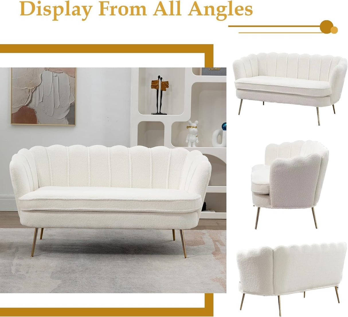 anwickjeff 59" Wide Modern Boucle Loveseat Small Sofa Small Mini Room Couch 2-Seater Sofa with Gold Metal Legs for Space Office Studio Apartment Bedroom (Ivory) anwickjeff