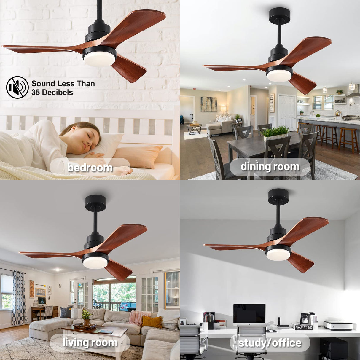 FXZZ 42" Wood Ceiling Fans with Lights and Remote, Quiet Reversible DC Motor and 3 Color LED Light, 3 Blades 6 Speed Ceiling Fan for Farmhouse Living Room Bedroom Dining Room Workroom Study FXZZ