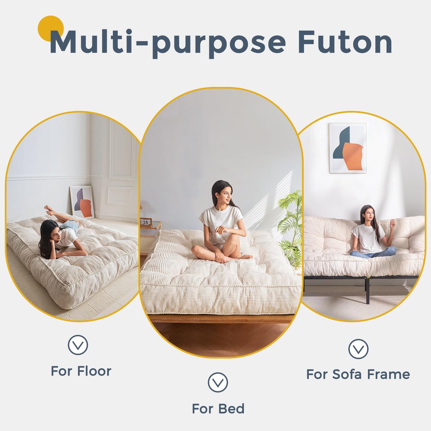 MAXYOYO 8" Futon Mattress Queen Size, Ultra Thick Futons Sofa Couch Bed Tufted Sleeper Sofa Bed, Corded Fabric Floor Mattress for Adults, Shredded Foam Filling (Frame Not Included), Beige