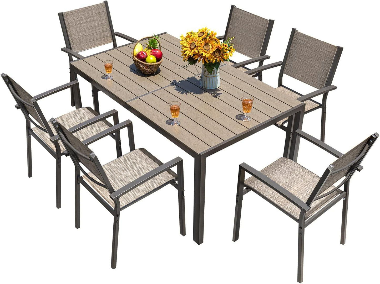 Homall Patio Dining Set 7 Pieces Outdoor Furniture with Large Table and 6 Textilene Chairs for Porch, Brown - WoodArtSupply