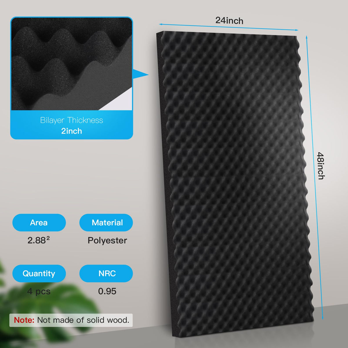 4 Pack-48X24X2 Inches Acoustic Panels, Egg Crate Foam soundproof wall panels,sound proof foam panels for walls, noise dampening panels,Sound Panels, Studio Foam for Wall and Ceiling HUIDNAI