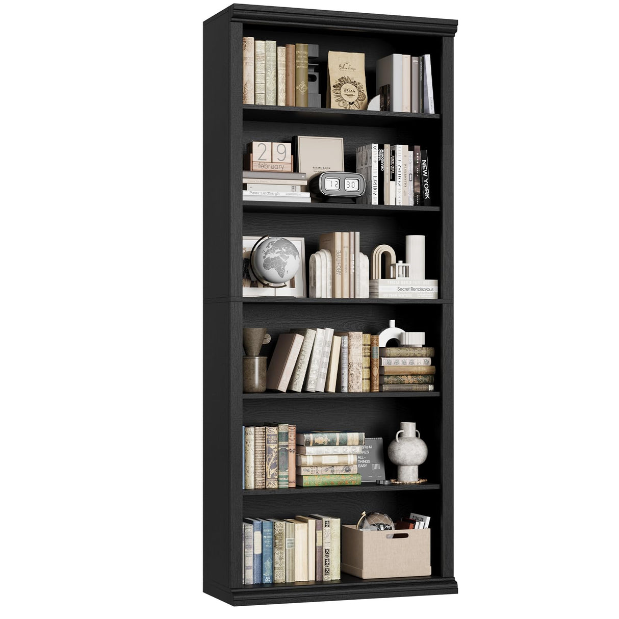 Rresyet Bookcase and Bookshelves, 28" W Tall Bookshelf with Elegant Design, 6 Tiers Spacious Book Storage, Freestanding Book Organizer, Display Library Shelf for Home Office, Living Room & Study Room Rresyet