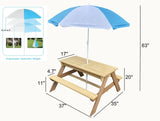 BTExpert Kids 3-in-1 Sand Water Activity Table Wooden Outdoor Convertible Picnic Table Bench Adjustable Umbrella Removable Top 2 Play Boxes Toy Set 37 x 35 in BTEXPERT