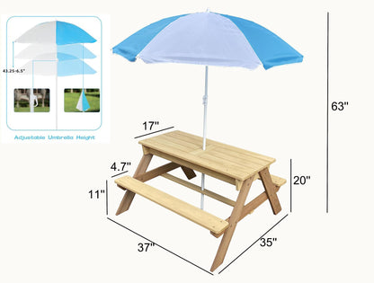 BTExpert Kids 3-in-1 Sand Water Activity Table Wooden Outdoor Convertible Picnic Table Bench Adjustable Umbrella Removable Top 2 Play Boxes Toy Set 37 x 35 in - WoodArtSupply