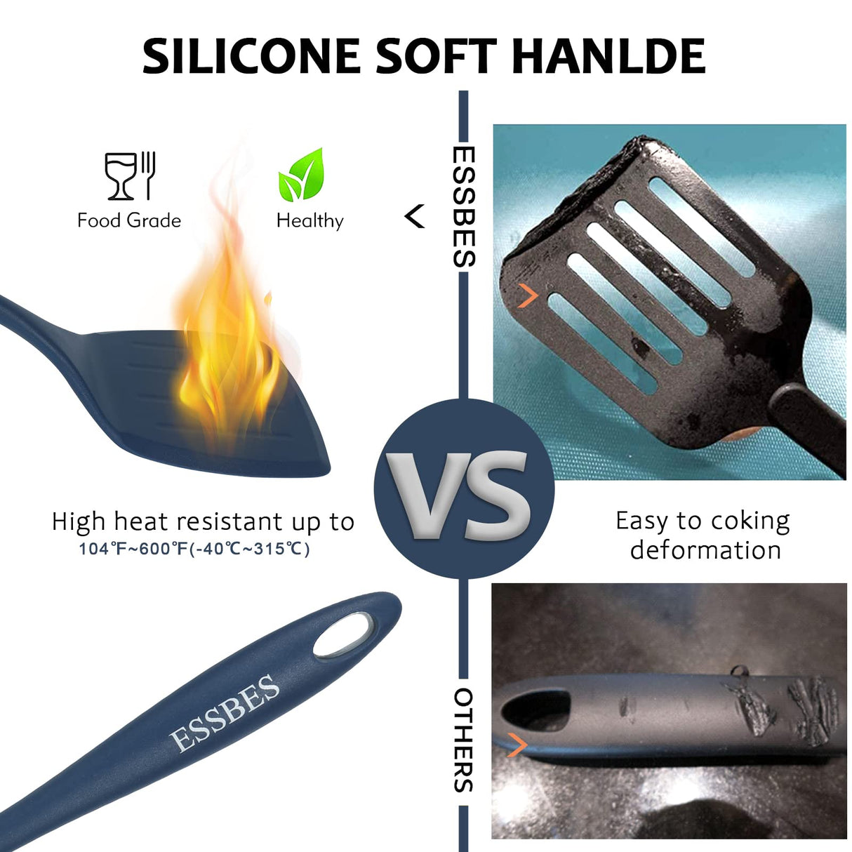 ESSBES Extra Large Silicone Turner - 600F Heat Resistant Nonstick Flexible Kitchen Spatula, BPA Free Dishwasher Safe Utensils, Nonslip Grips One Piece Cookware Suitable for Cooking Baking (Blue) ESSBES