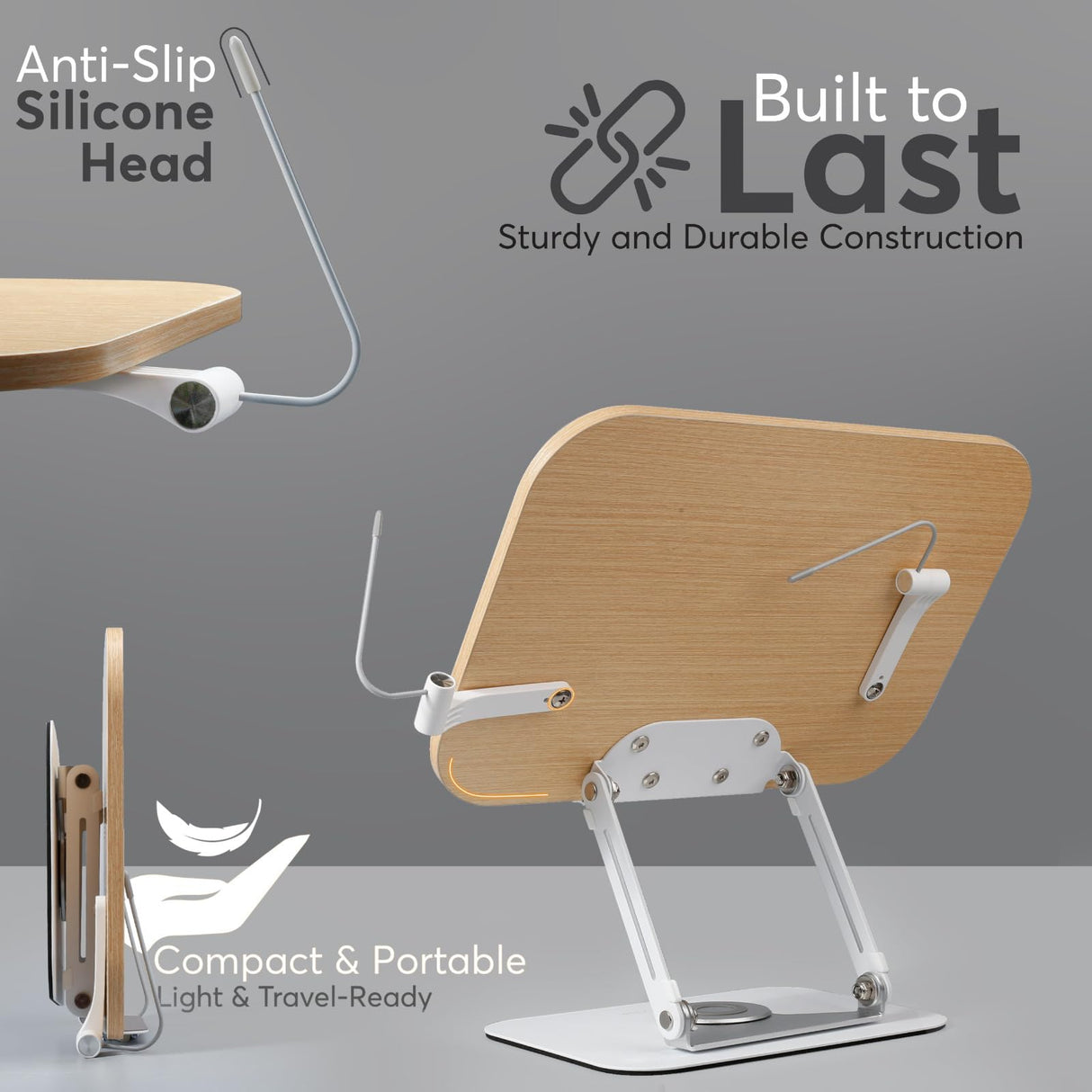 Book Stand for Reading - Adjustable Recipe Book Holder Stand with 360° Swivel Base, Aluminum & Wood Stand for Kitchen, Hands-Free, Foldable Cook Book Stand for Desk,Tablets, Laptop, Textbook LuxeLoom