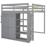 Harper & Bright Designs Full Size Loft Bed with Wardrobe & Storage Shelves, Wood Full Loft Bed Frame with LED Light for Kids Teens,Adults,Gray Harper & Bright Designs