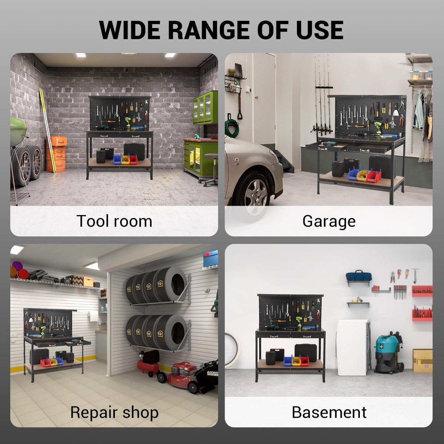 61 Inch Workbench, Tools Cabinet Working Tables Workbench Tool Storage Workshop Table with Drawers and Pegboard, 420lbs Weight Capacity, 48.1" L×23.9" W×61" H Black - WoodArtSupply