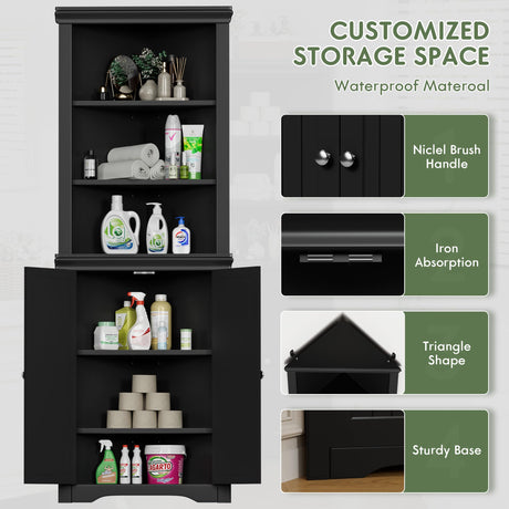 Flamaker Corner Cabinet, Freestanding Corner Shelf with 2 Doors and 3 Shelves, Bathroom Corner Storage Cabinet for Bathroom, Living Room, Bedroom or Kitchen (Black) Flamaker