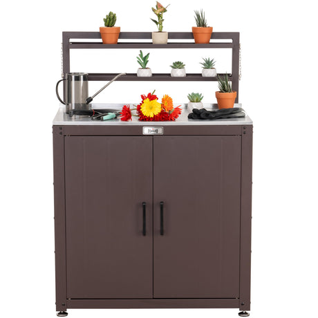 Garden Potting Bench with Storage Cabinet,Outdoor Gardening Table & Work Bench for Plants, Horticulture,Outdoor Workstation with Stainless Steel Tabletop,Outdoor Work Table with Elevated Rack Feasto