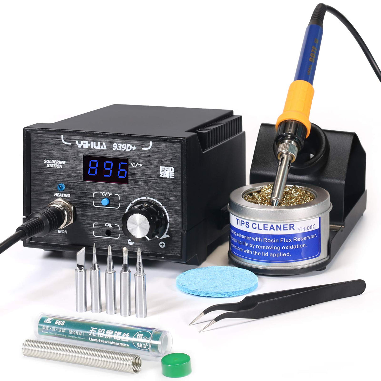 YIHUA 939D+ Digital Soldering Station, 75W Equivalent with Precision Heat Control (392°F to 896°F) and Built-in Transformer. ESD Safe, Lead Free with °C/°F display (Black) YIHUA