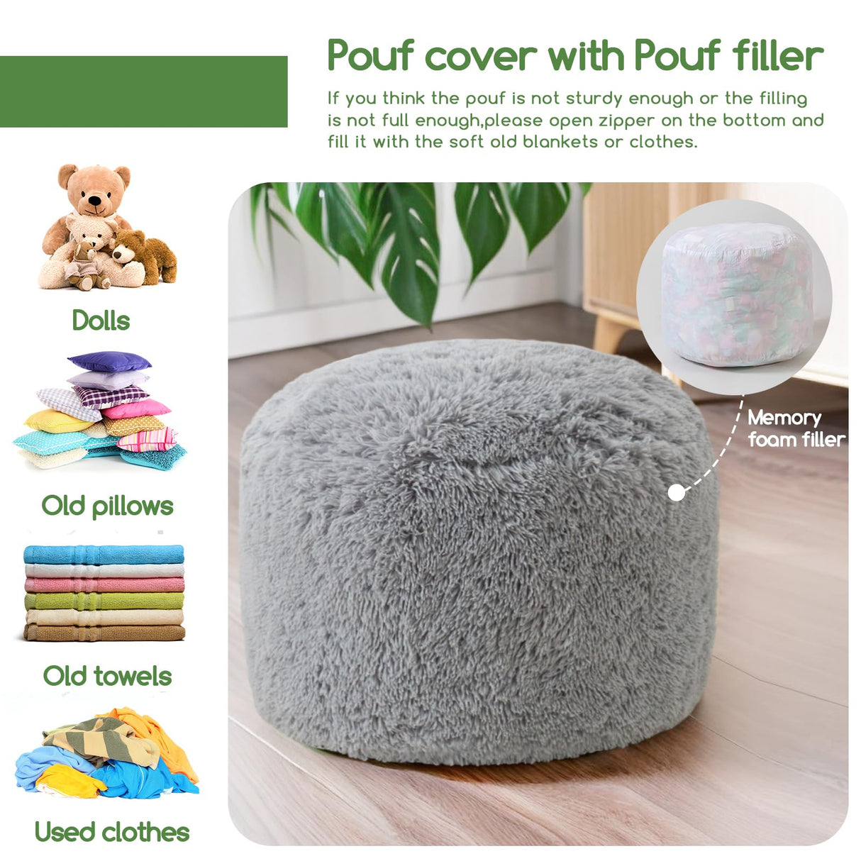 HIGOGOGO Round Stuffed Pouf Ottoman, Long Faux Fur Poufs with Foam Chunk Filling, Fluffy and Furry Pouf Foot Stool Storage Ottoman, 20 X 15 Floor Poufs Foot Rest for Living Room, Grey HIGOGOGO